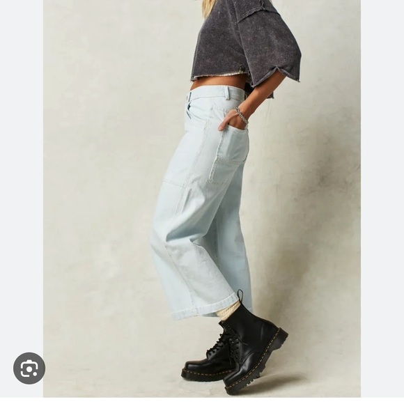 Free People Piper Striped Print Mid Rise Cropped Wide Leg Jeans - Picture 7 of 16